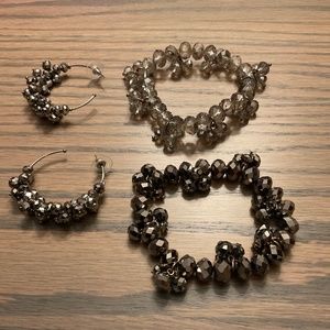 Earrings and Stretch Bracelets, Glass Beads, Grey & Black. PRETTIER IN PERSON!